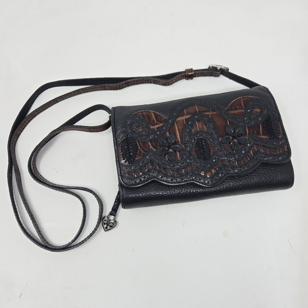 BRIGHTON Brown Black Leather Cutout Convertible Crossbody/Wallet Vintage